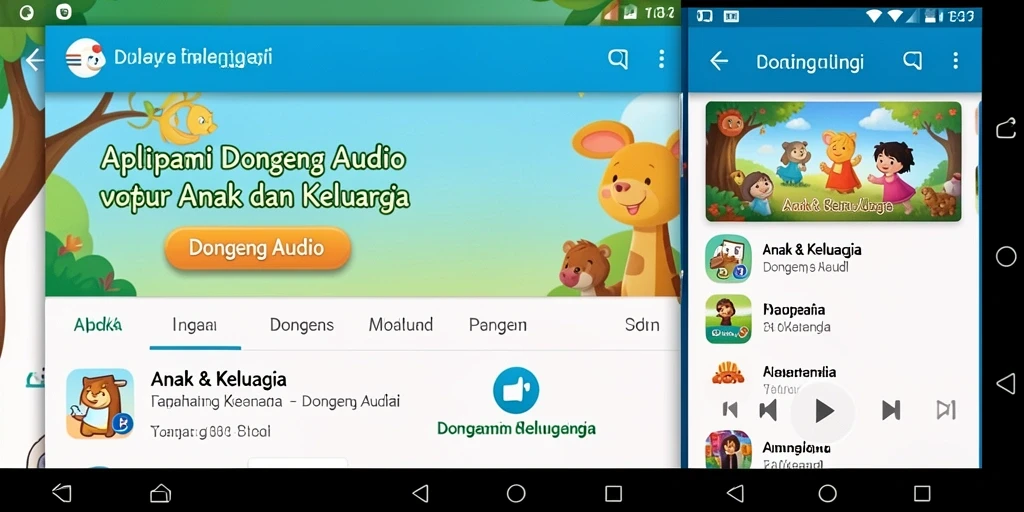 Screenshot DYO1 menampilkan antarmuka ramah anak dan pilihan cerita audio.