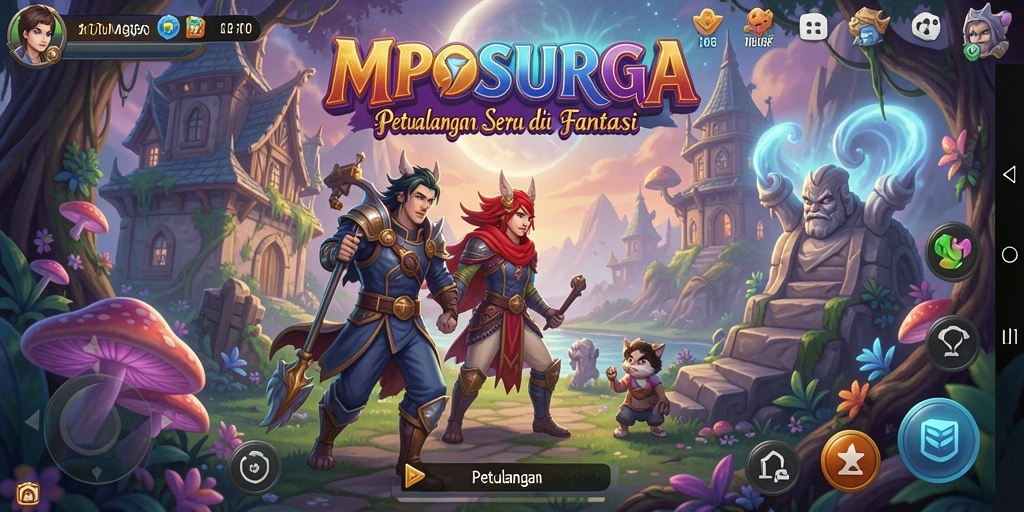 Tampilan antarmuka game Petualangan MPOSURGA yang menarik dan berwarna.