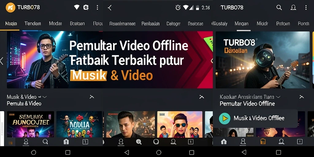 Antarmuka pengguna TURBO78 untuk pemutar video offline yang mudah digunakan.